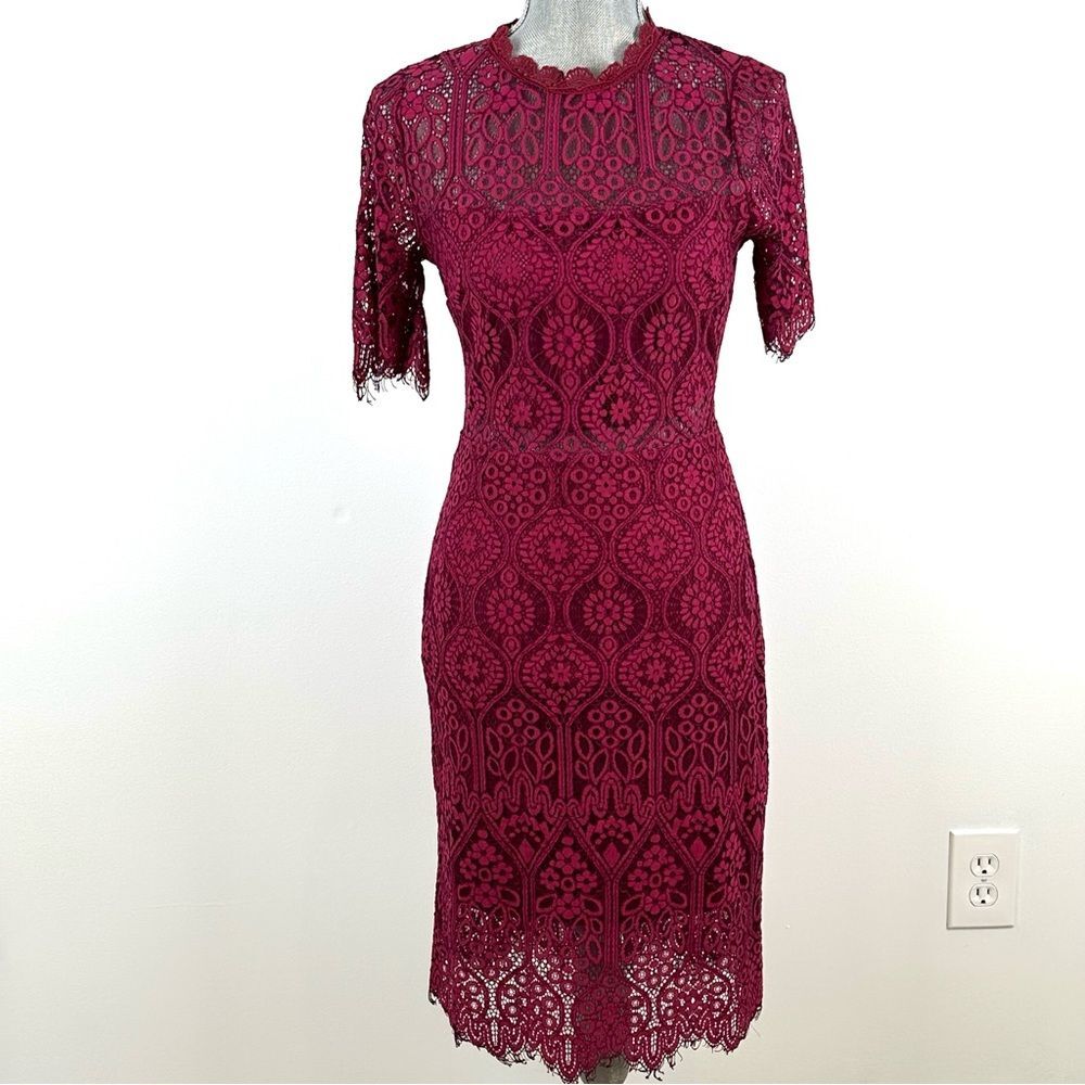Lulus Burgundy Lined Lace Midi Dress Women’s SZ M Short Sleeve Party Wedding